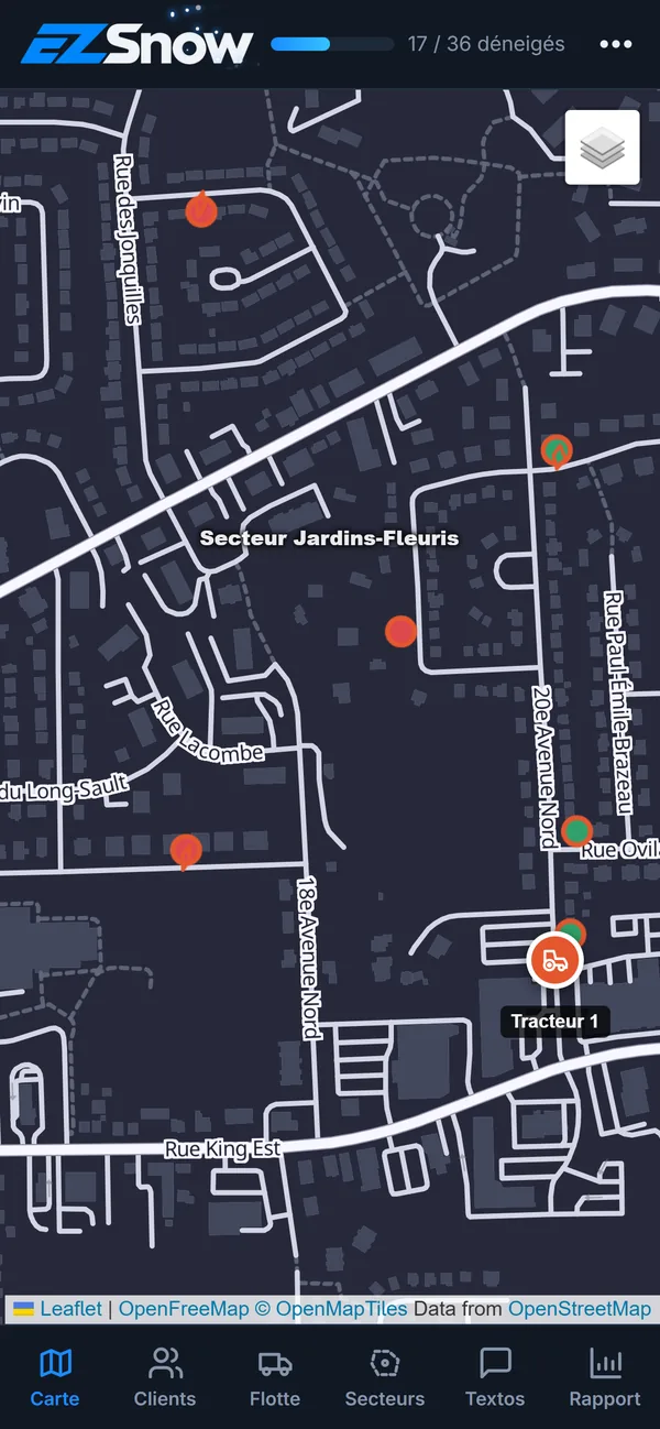 La carte en direct d'EZSnow sur un cellulaire